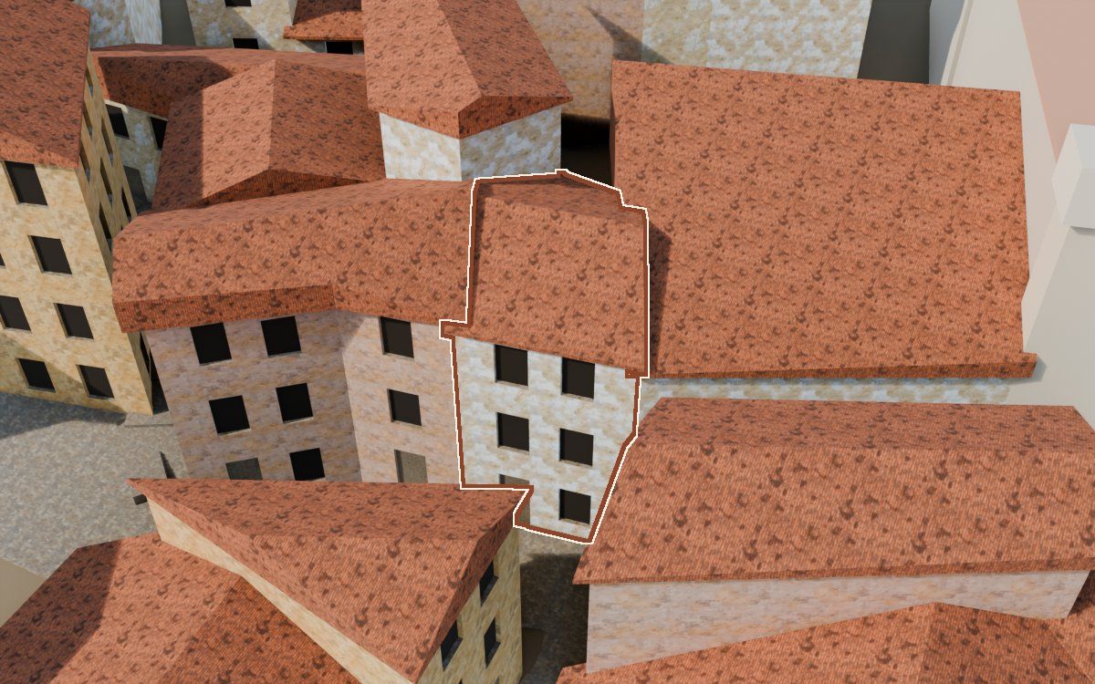 Casa del Carrer de la Iglésia (Calle de la Iglesia) en la reconstrucción 3D, vista desde el lado en que mejor se ve, con su contorno marcado en teja entre las casas de alrededor