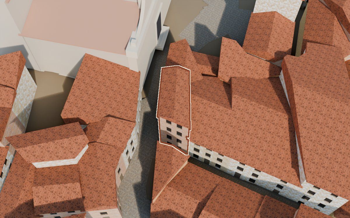 Casa del Carrer de la Iglésia (Calle de la Iglesia) en la reconstrucción 3D, vista desde el lado en que mejor se ve, con su contorno marcado en teja entre las casas de alrededor