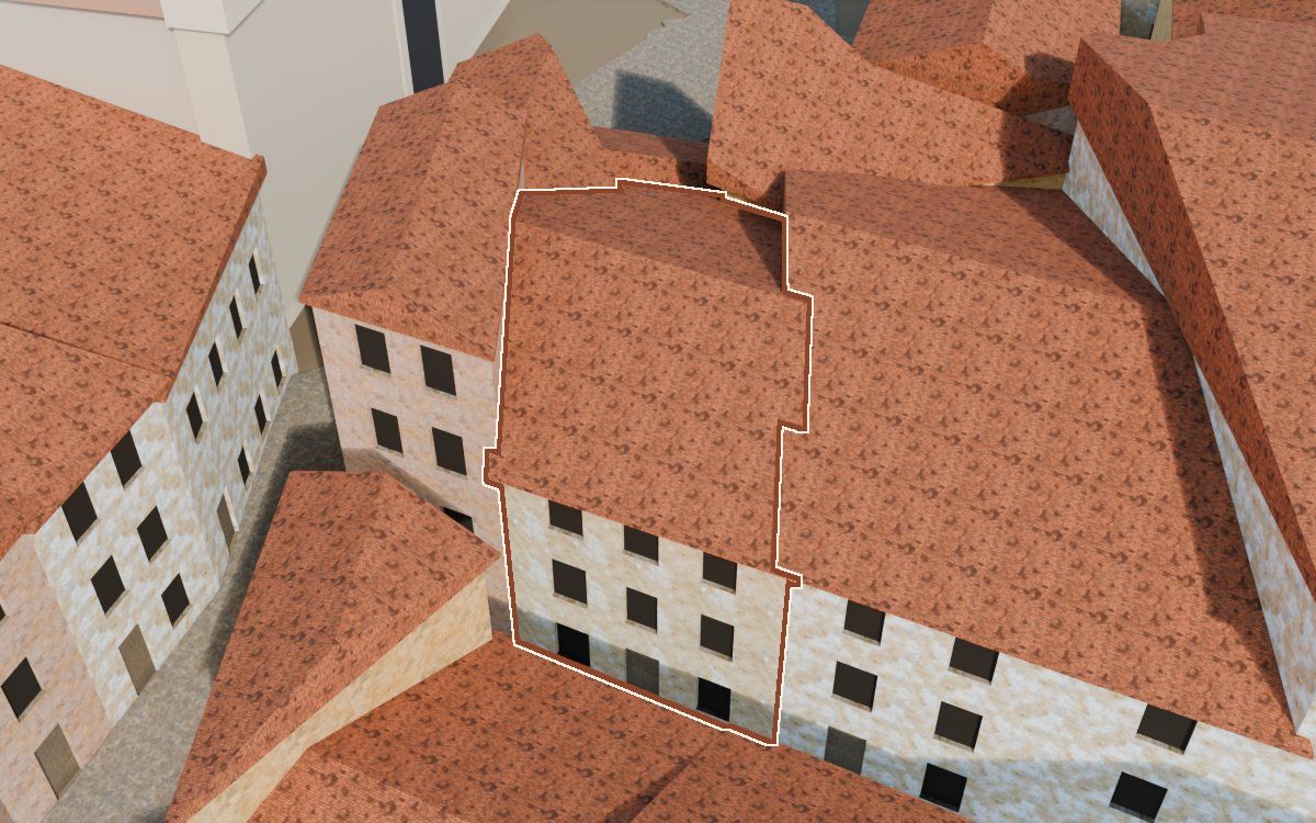 Casa del Carrer del Viudo (Calle del Viudo) en la reconstrucción 3D, vista desde el lado en que mejor se ve, con su contorno marcado en teja entre las casas de alrededor