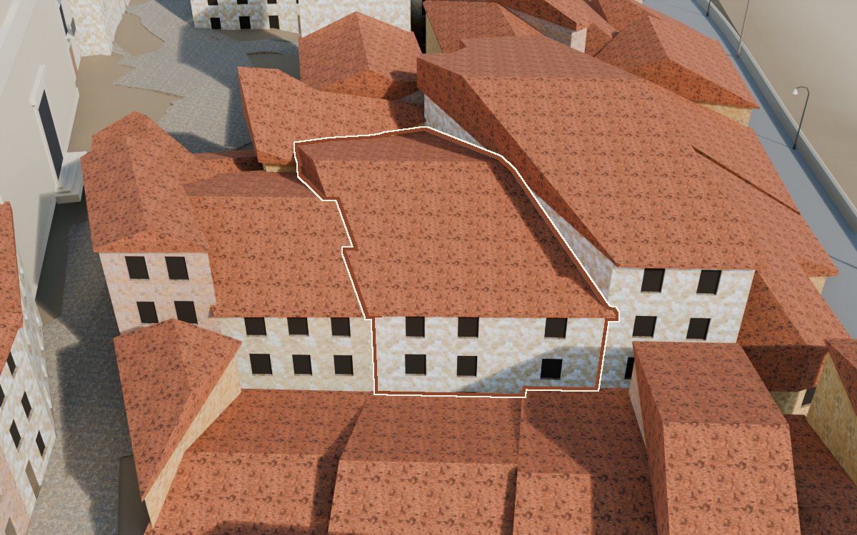 Casa del Carrer del Viudo (Calle del Viudo) en la reconstrucción 3D, vista desde su calle, con su contorno marcado en teja entre las casas de alrededor