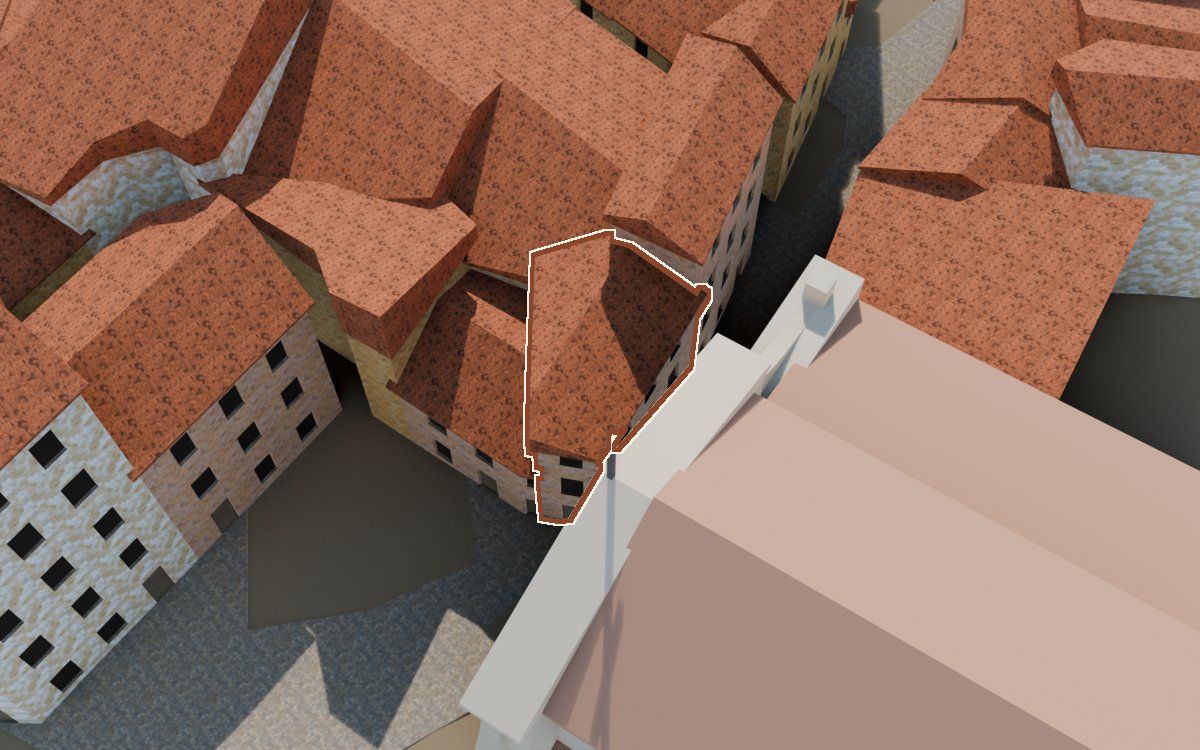 Casa de la Peluquería de señoras en la reconstrucción 3D, vista desde el lado en que mejor se ve, con su contorno marcado en teja entre las casas de alrededor