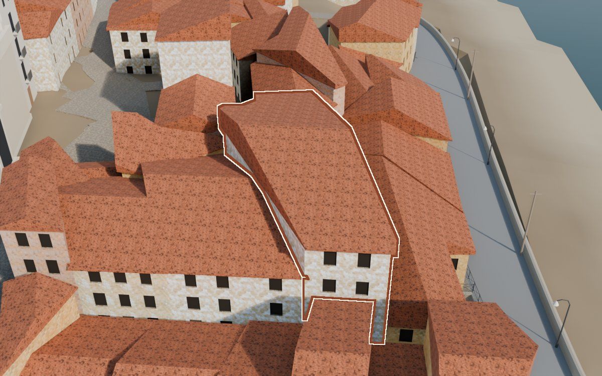 Casa del Carrer del Viudo (Calle del Viudo) en la reconstrucción 3D, vista desde su calle, con su contorno marcado en teja entre las casas de alrededor