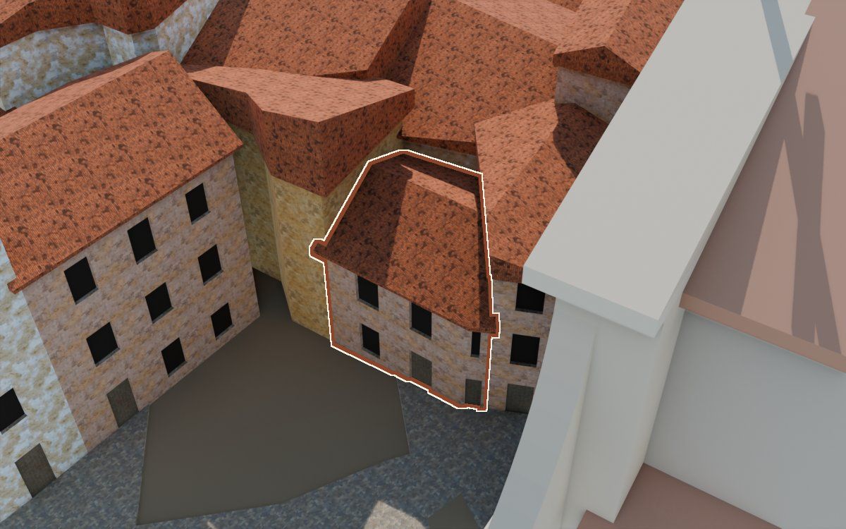 Casa de la Placeta Missa (Plaza de Missa) en la reconstrucción 3D, vista desde el lado en que mejor se ve, con su contorno marcado en teja entre las casas de alrededor