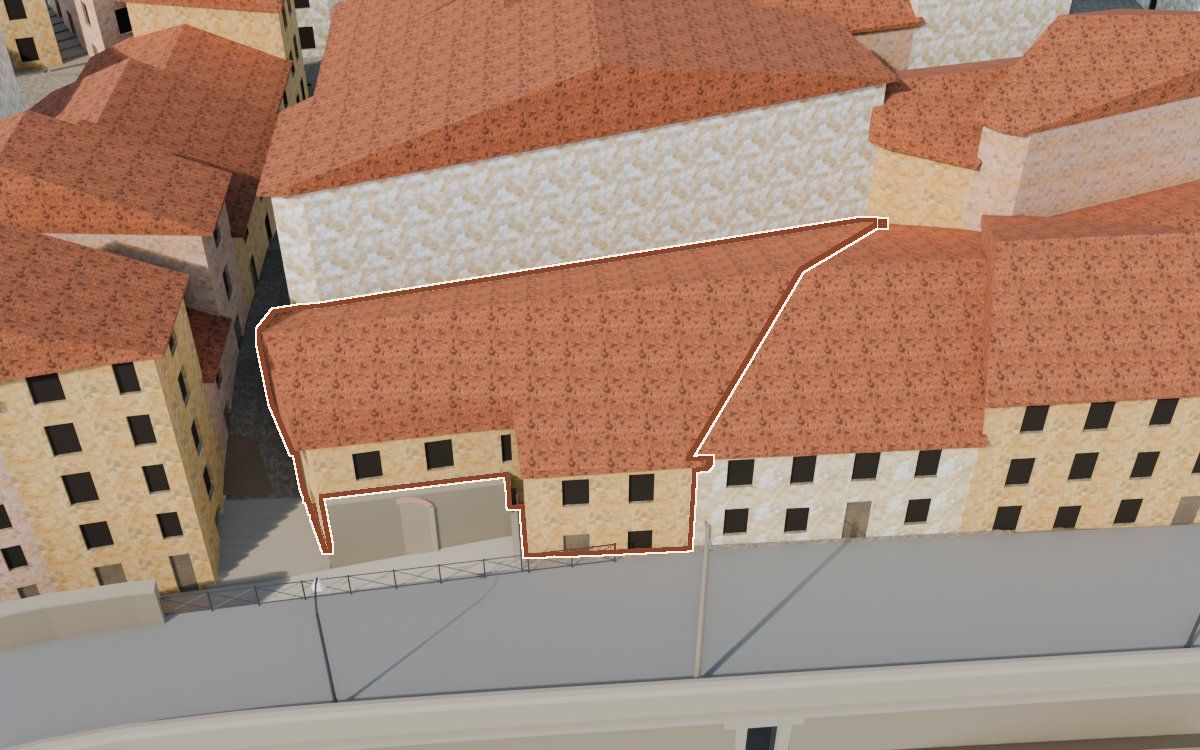 Casa de Lo Muro (El Muro) en la reconstrucción 3D, vista desde su calle, con su contorno marcado en teja entre las casas de alrededor