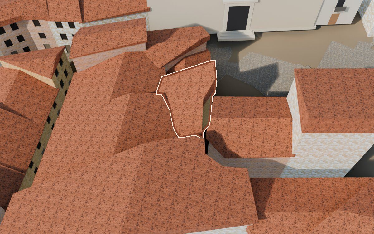 Casa cerca de la Placeta Missa (Plaza de Missa) en la reconstrucción 3D, vista desde el lado en que mejor se ve, con su contorno marcado en teja entre las casas de alrededor