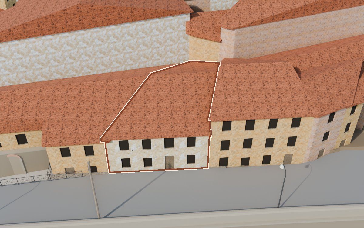 Casa de Lo Muro (El Muro) en la reconstrucción 3D, vista desde su calle, con su contorno marcado en teja entre las casas de alrededor