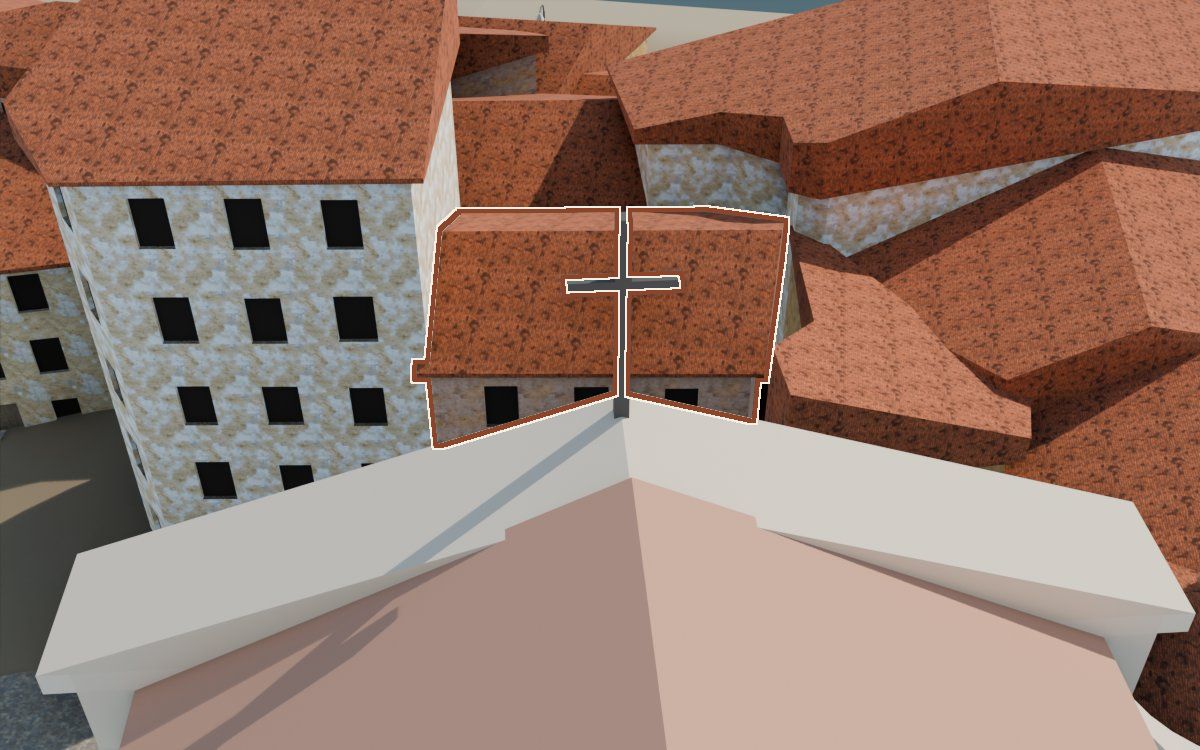 Casa de la Placeta Missa (Plaza de Missa) en la reconstrucción 3D, vista desde su calle, con su contorno marcado en teja entre las casas de alrededor