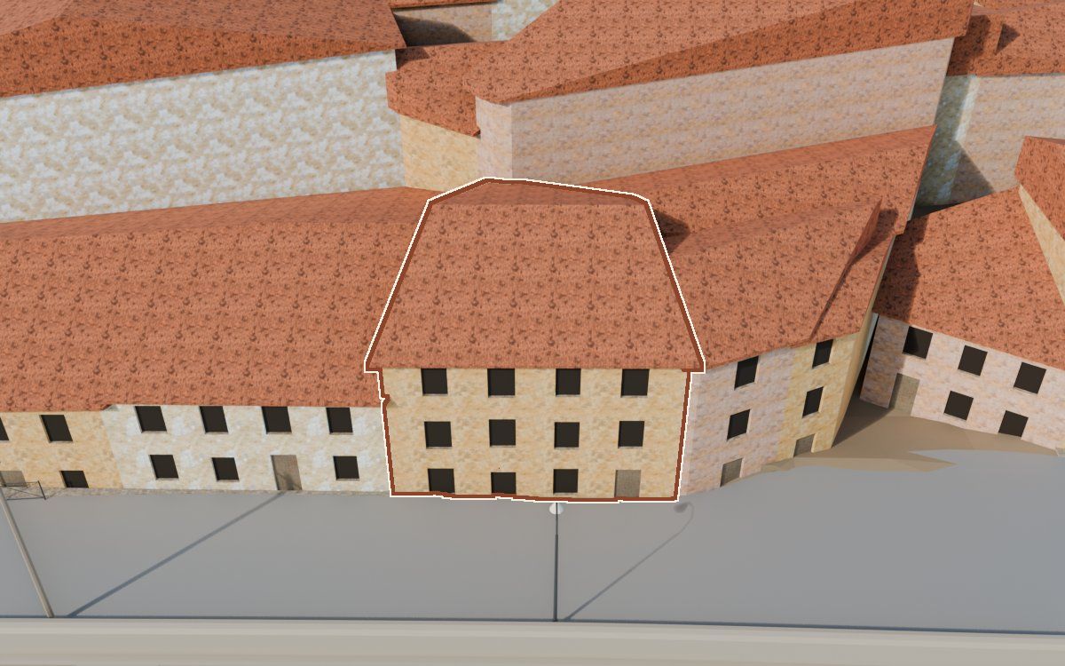 Casa de Lo Muro (El Muro) en la reconstrucción 3D, vista desde su calle, con su contorno marcado en teja entre las casas de alrededor