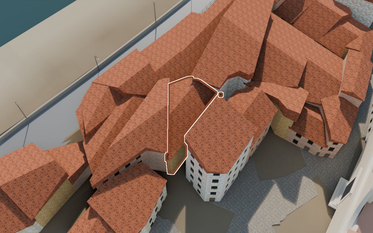 Casa de los Perxis de ca Freixes (Porches de casa Freixes) en la reconstrucción 3D, vista desde el lado en que mejor se ve, con su contorno marcado en teja entre las casas de alrededor
