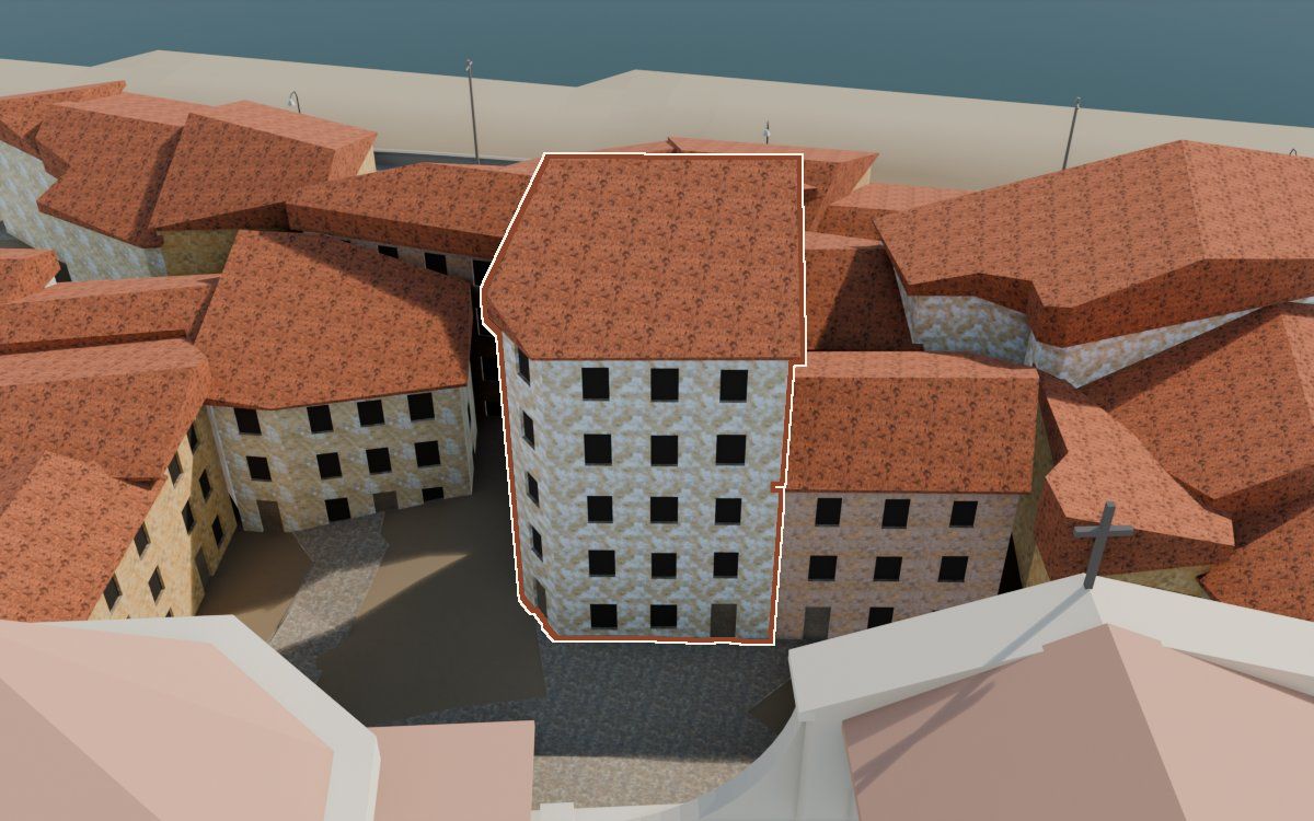 Casa de la Placeta Missa (Plaza de Missa) en la reconstrucción 3D, vista desde su calle, con su contorno marcado en teja entre las casas de alrededor