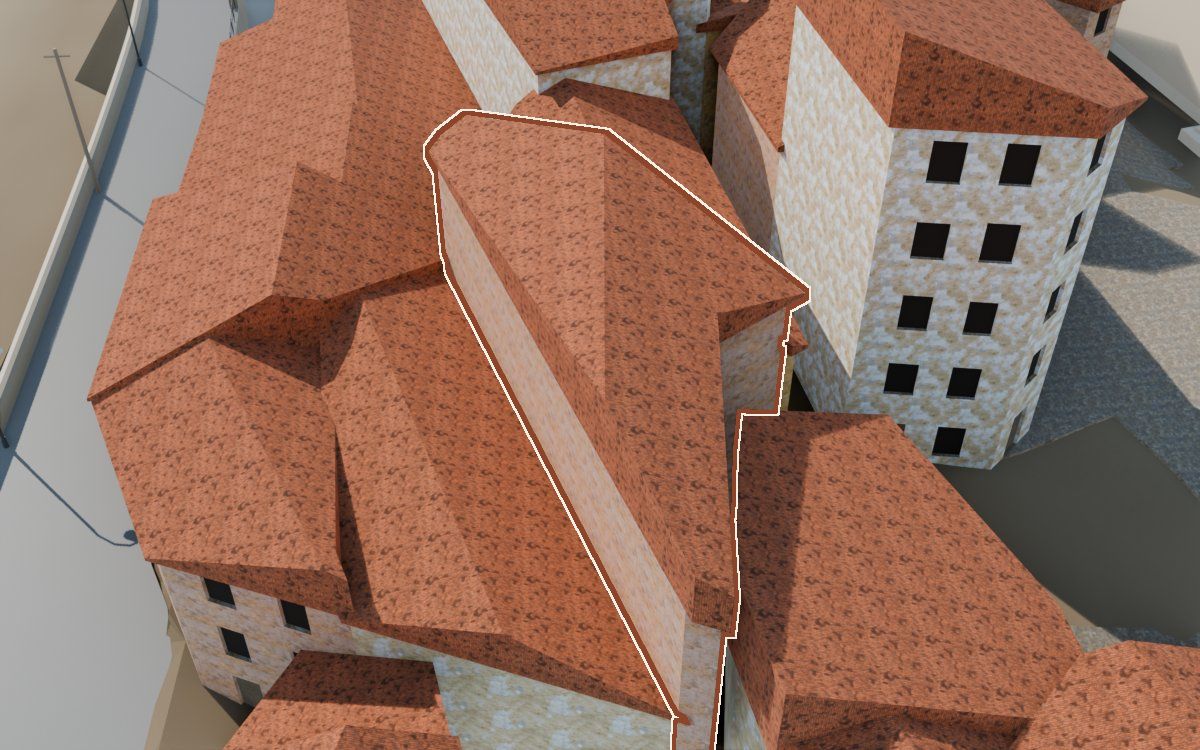 Casa de los Perxis de ca Freixes (Porches de casa Freixes) en la reconstrucción 3D, vista desde el lado en que mejor se ve, con su contorno marcado en teja entre las casas de alrededor