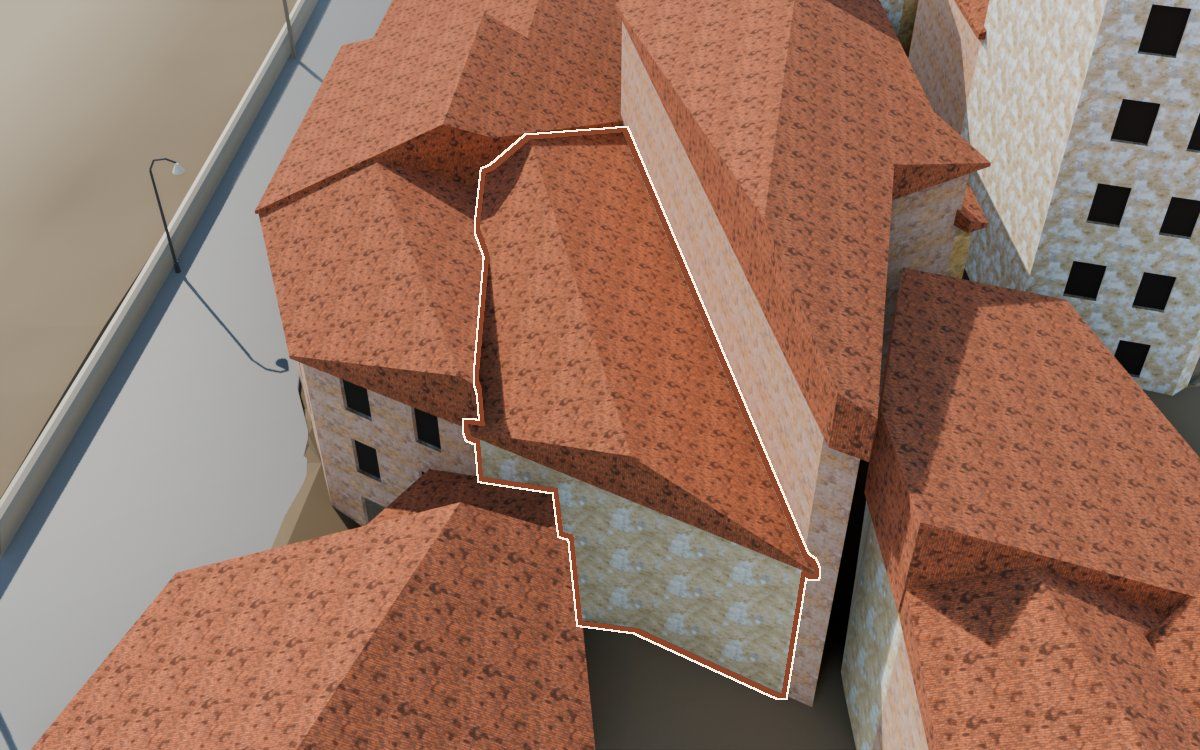 Casa cerca de Lo Muro (El Muro) en la reconstrucción 3D, vista desde el lado en que mejor se ve, con su contorno marcado en teja entre las casas de alrededor