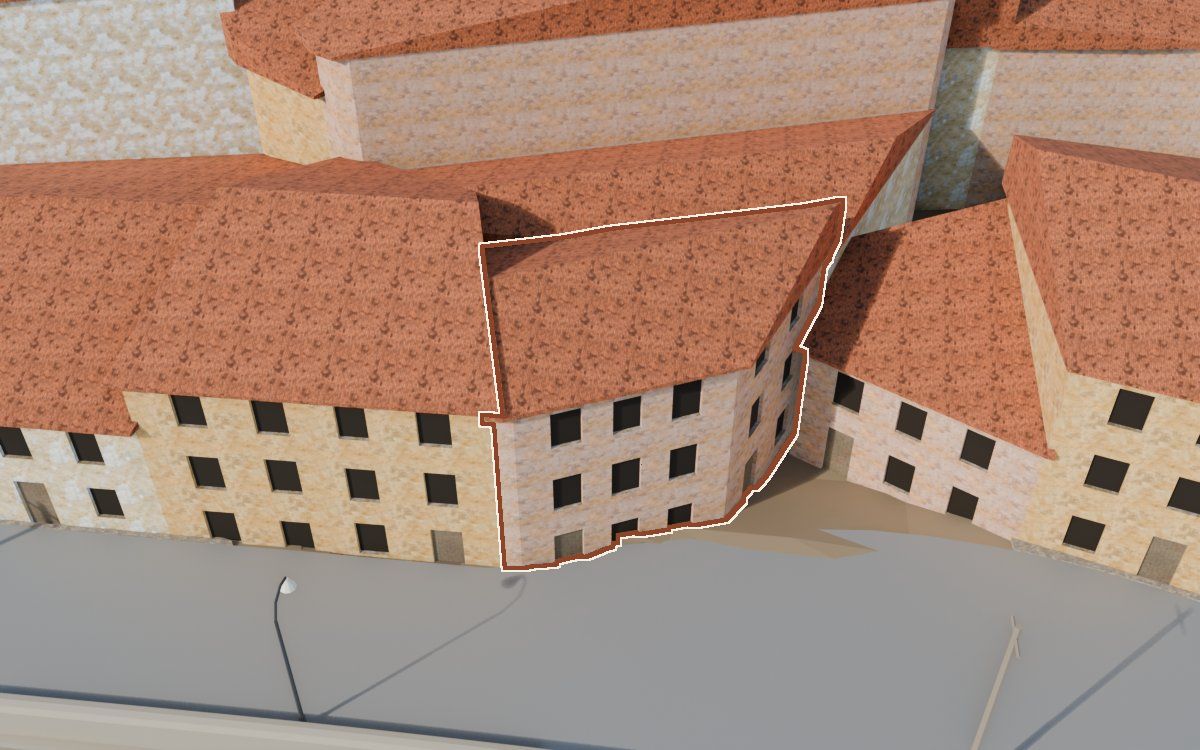 Casa de Lo Muro (El Muro) en la reconstrucción 3D, vista desde el lado en que mejor se ve, con su contorno marcado en teja entre las casas de alrededor