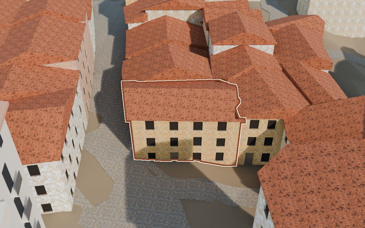 Casa de los Perxis de ca Freixes (Porches de casa Freixes) en la reconstrucción 3D, vista desde su calle, con su contorno marcado en teja entre las casas de alrededor
