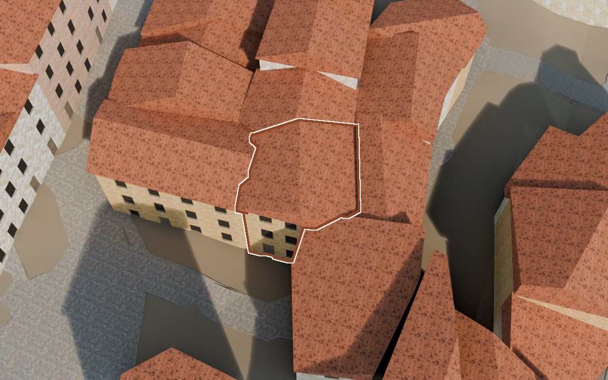 Casa de los Perxis de ca Freixes (Porches de casa Freixes) en la reconstrucción 3D, vista desde el lado en que mejor se ve, con su contorno marcado en teja entre las casas de alrededor