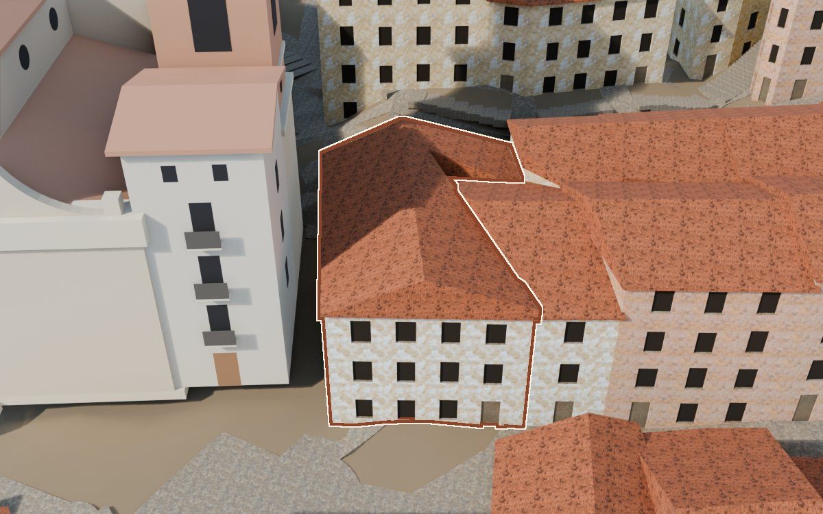 Manzana 23, n.º 5 en la reconstrucción 3D, vista desde su calle, con su contorno marcado en teja entre las casas de alrededor