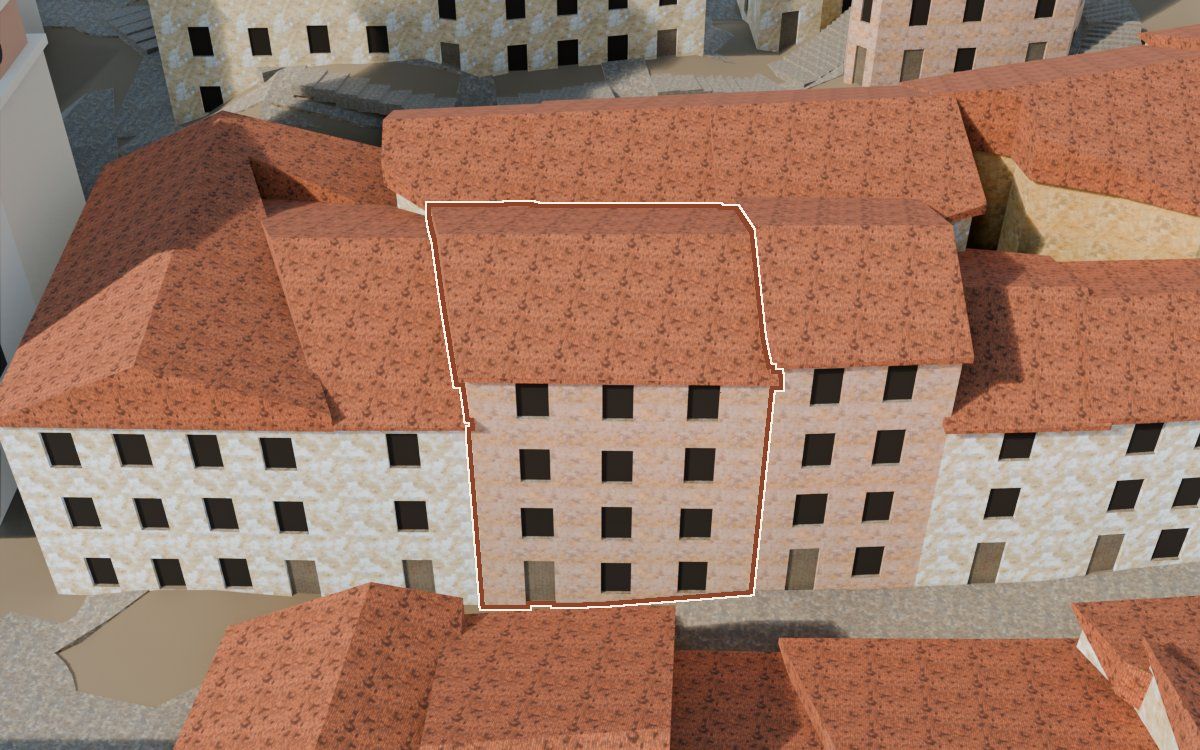 Manzana 23, n.º 20 en la reconstrucción 3D, vista desde su calle, con su contorno marcado en teja entre las casas de alrededor
