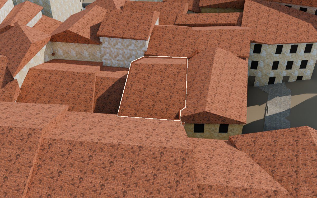 Casa del Carrer Major (Calle Mayor) en la reconstrucción 3D, vista desde su calle, con su contorno marcado en teja entre las casas de alrededor