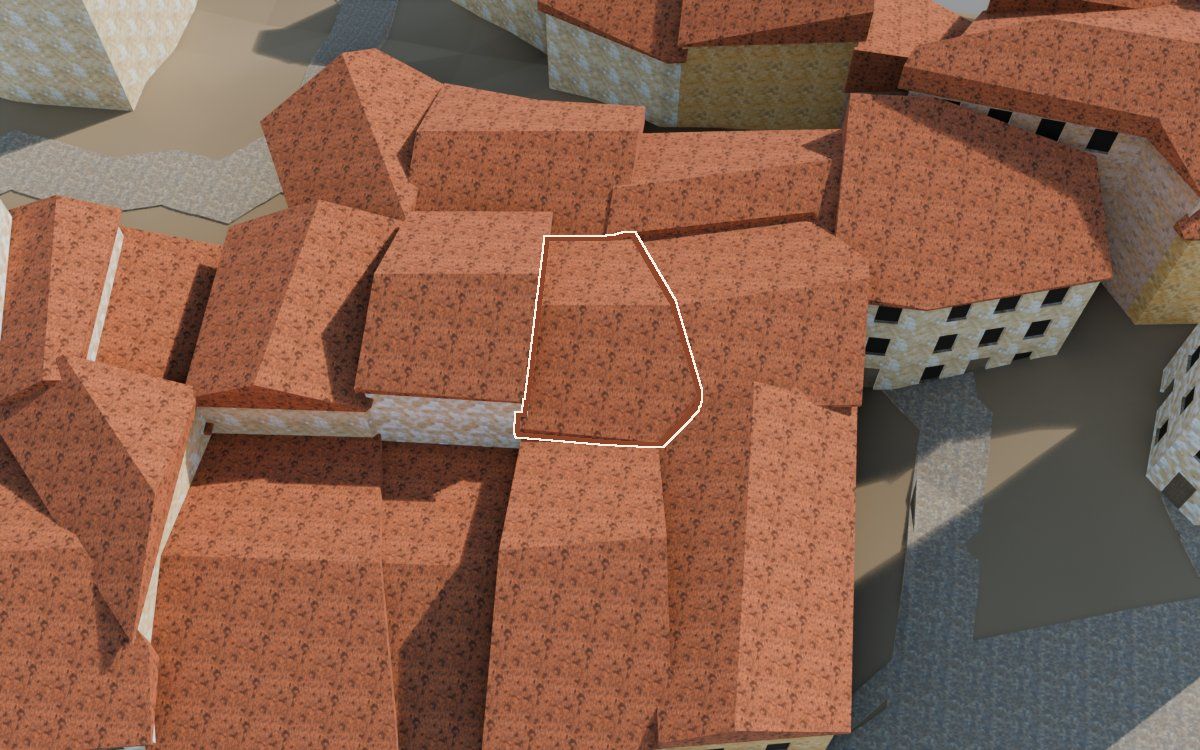 Casa de los Perxis de ca Freixes (Porches de casa Freixes) en la reconstrucción 3D, vista desde el lado en que mejor se ve, con su contorno marcado en teja entre las casas de alrededor
