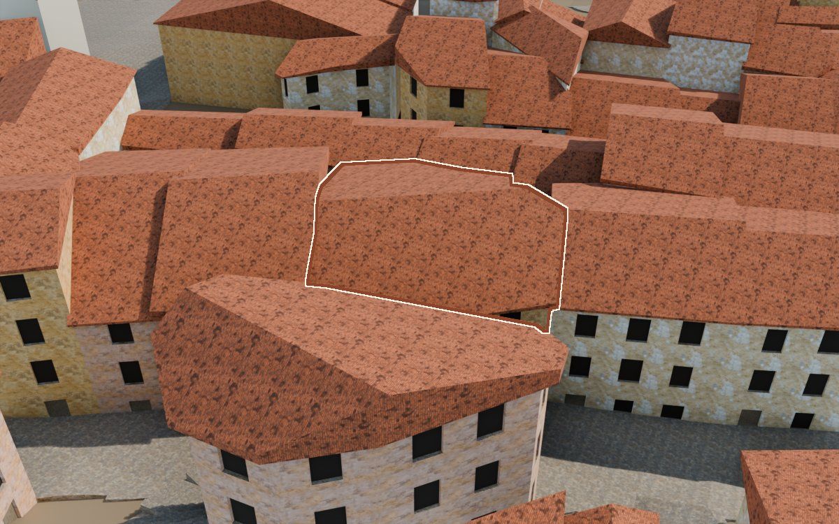 Manzana 23, n.º 8 en la reconstrucción 3D, vista desde su calle, con su contorno marcado en teja entre las casas de alrededor