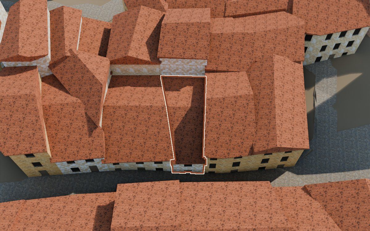 Casa del Carrer Major (Calle Mayor) en la reconstrucción 3D, vista desde el lado en que mejor se ve, con su contorno marcado en teja entre las casas de alrededor
