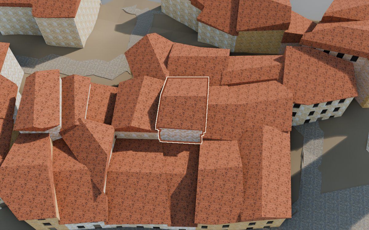 Casa de los Perxis de ca Freixes (Porches de casa Freixes) en la reconstrucción 3D, vista desde el lado en que mejor se ve, con su contorno marcado en teja entre las casas de alrededor