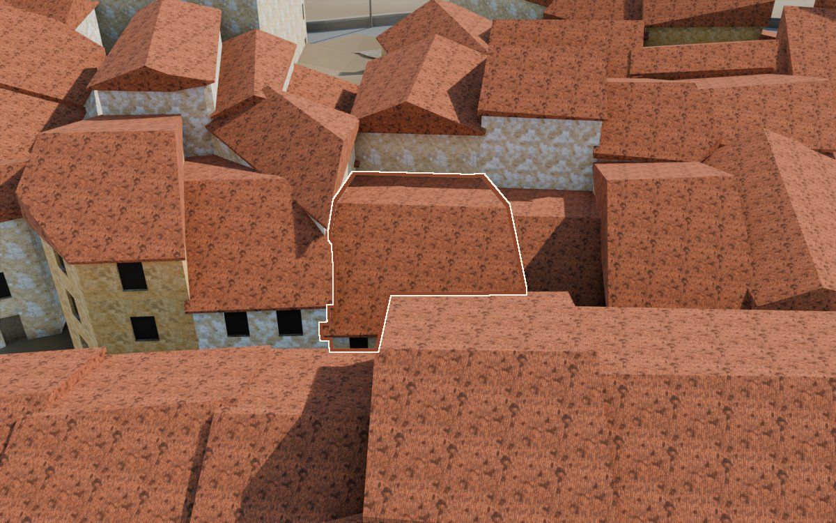 Casa del Carrer Major (Calle Mayor) en la reconstrucción 3D, vista desde su calle, con su contorno marcado en teja entre las casas de alrededor