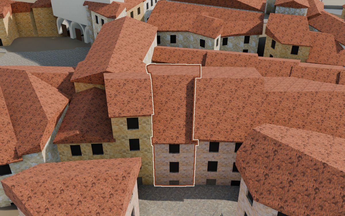 Manzana 23, n.º 10 en la reconstrucción 3D, vista desde su calle, con su contorno marcado en teja entre las casas de alrededor