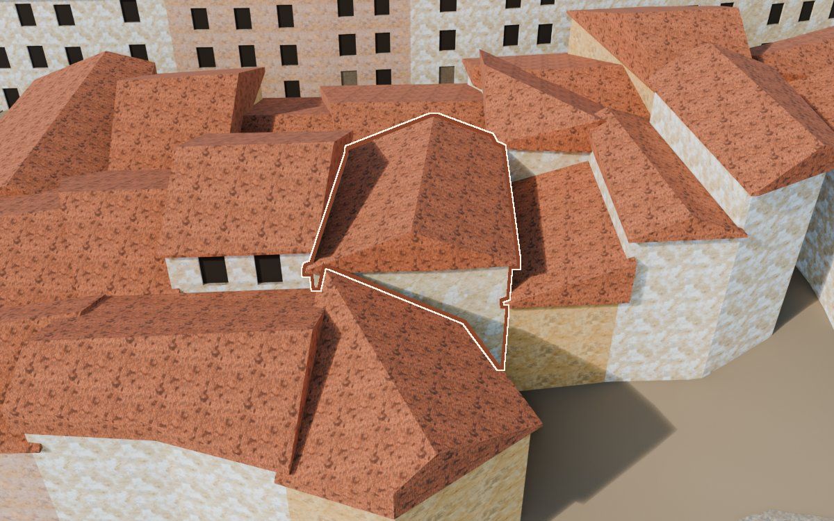 Casa del Carrer Barrinol (Calle Barrinol) en la reconstrucción 3D, vista desde su calle, con su contorno marcado en teja entre las casas de alrededor