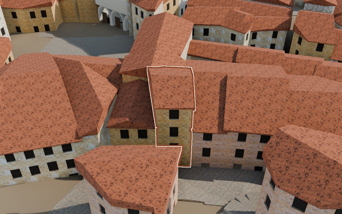 Manzana 23, n.º 2 en la reconstrucción 3D, vista desde su calle, con su contorno marcado en teja entre las casas de alrededor