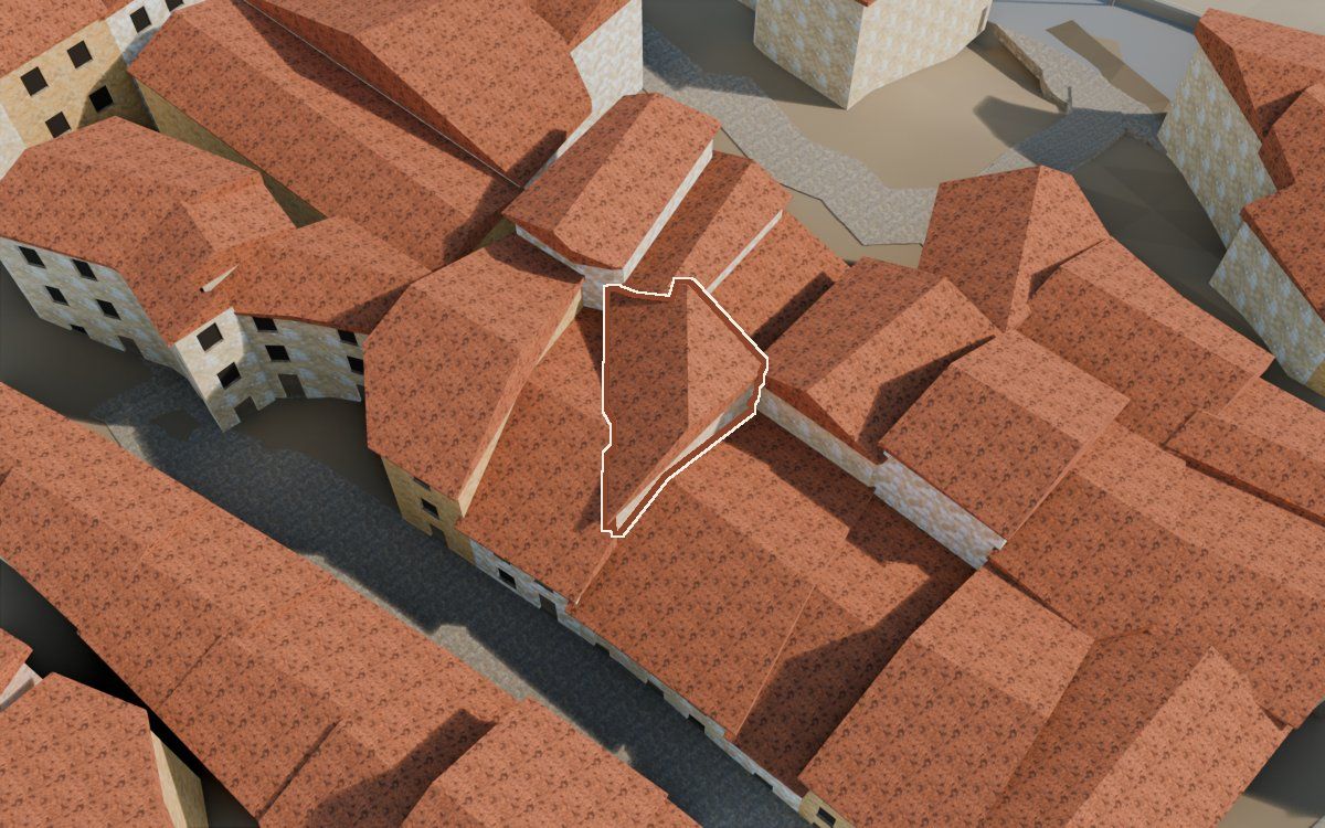 Casa cerca del Carrer Major (Calle Mayor) en la reconstrucción 3D, vista desde el lado en que mejor se ve, con su contorno marcado en teja entre las casas de alrededor