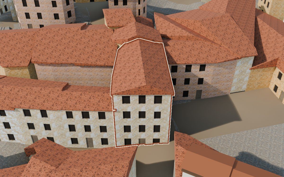 Manzana 23, n.º 13 en la reconstrucción 3D, vista desde su calle, con su contorno marcado en teja entre las casas de alrededor