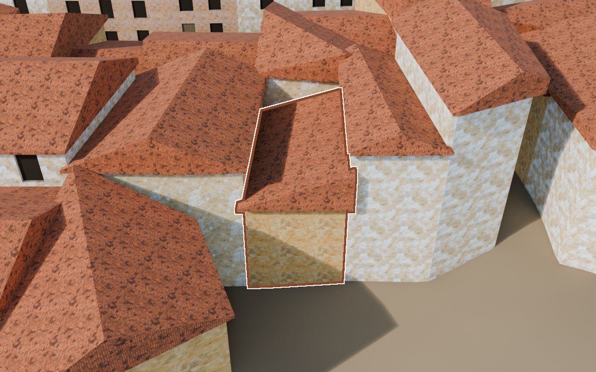 Casa del Carrer Barrinol (Calle Barrinol) en la reconstrucción 3D, vista desde su calle, con su contorno marcado en teja entre las casas de alrededor