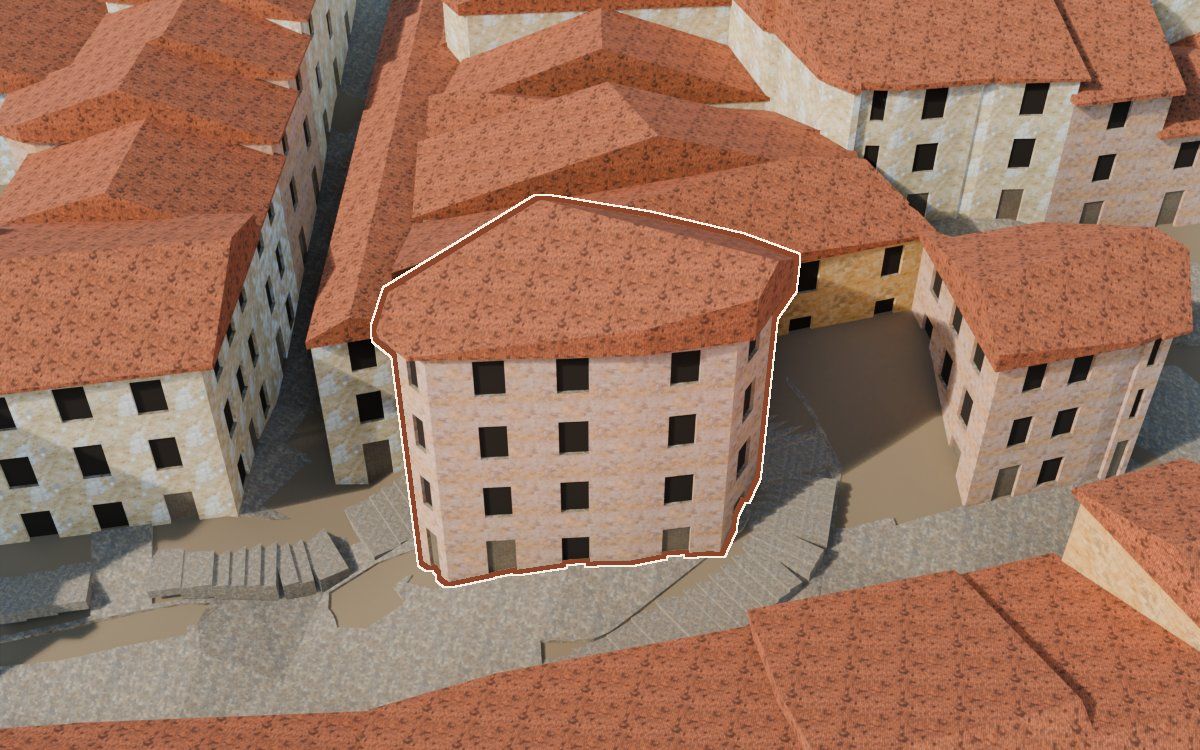 Manzana 33, parcela sin número leído en la reconstrucción 3D, vista desde su calle, con su contorno marcado en teja entre las casas de alrededor