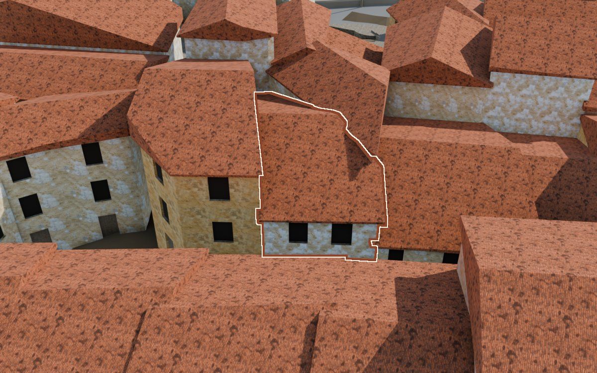 Casa del Carrer Major (Calle Mayor) en la reconstrucción 3D, vista desde su calle, con su contorno marcado en teja entre las casas de alrededor