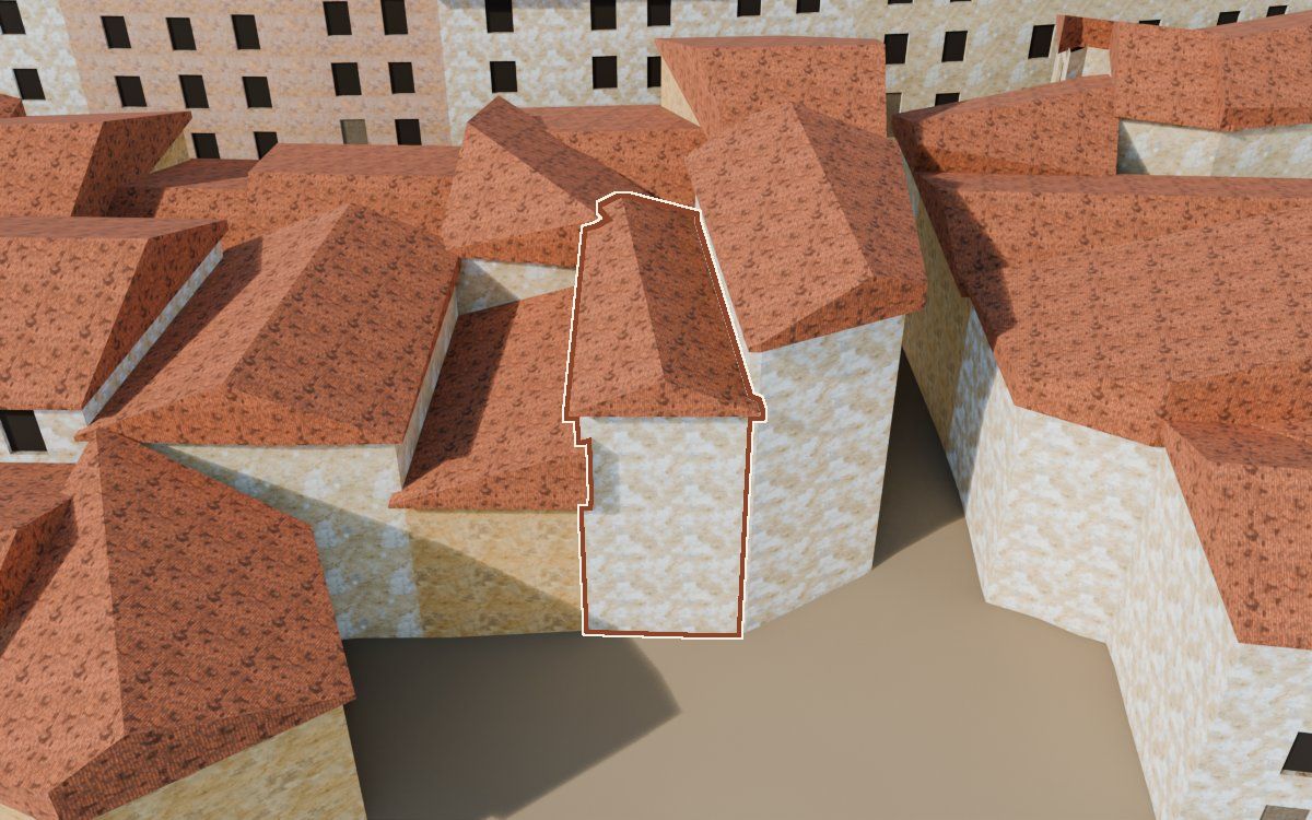 Casa del Carrer Barrinol (Calle Barrinol) en la reconstrucción 3D, vista desde su calle, con su contorno marcado en teja entre las casas de alrededor