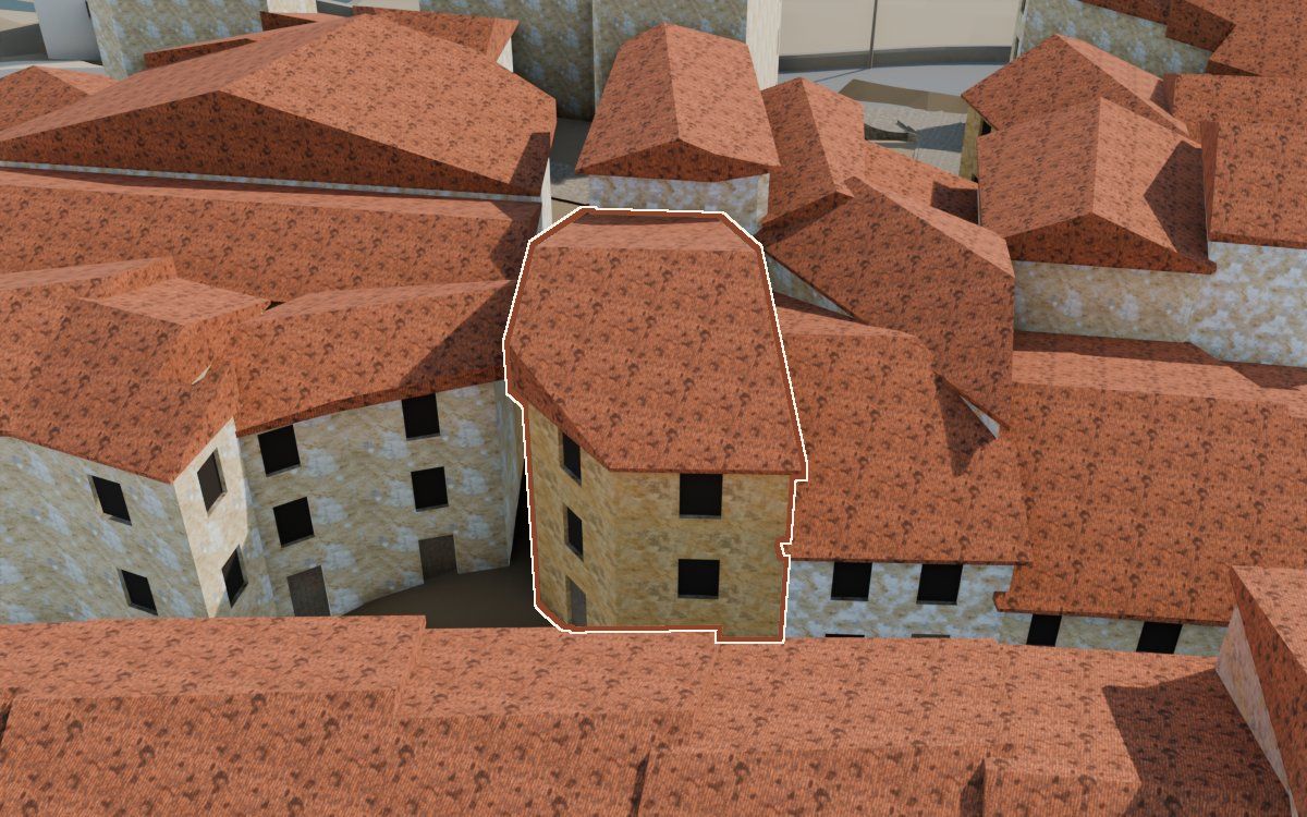 Casa del Carrer Major (Calle Mayor) en la reconstrucción 3D, vista desde su calle, con su contorno marcado en teja entre las casas de alrededor
