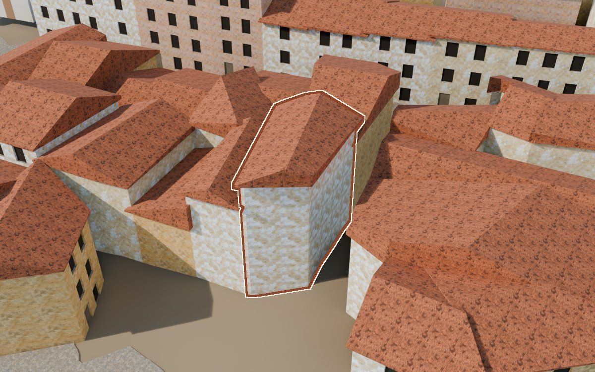 Casa del Carrer Barrinol (Calle Barrinol) en la reconstrucción 3D, vista desde su calle, con su contorno marcado en teja entre las casas de alrededor