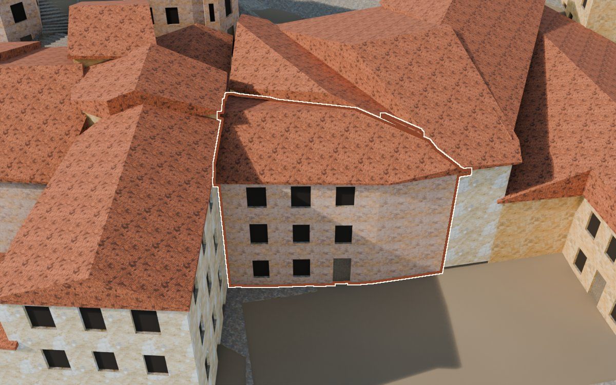 Casa del Carrer del Mig (Calle del Medio) en la reconstrucción 3D, vista desde su calle, con su contorno marcado en teja entre las casas de alrededor