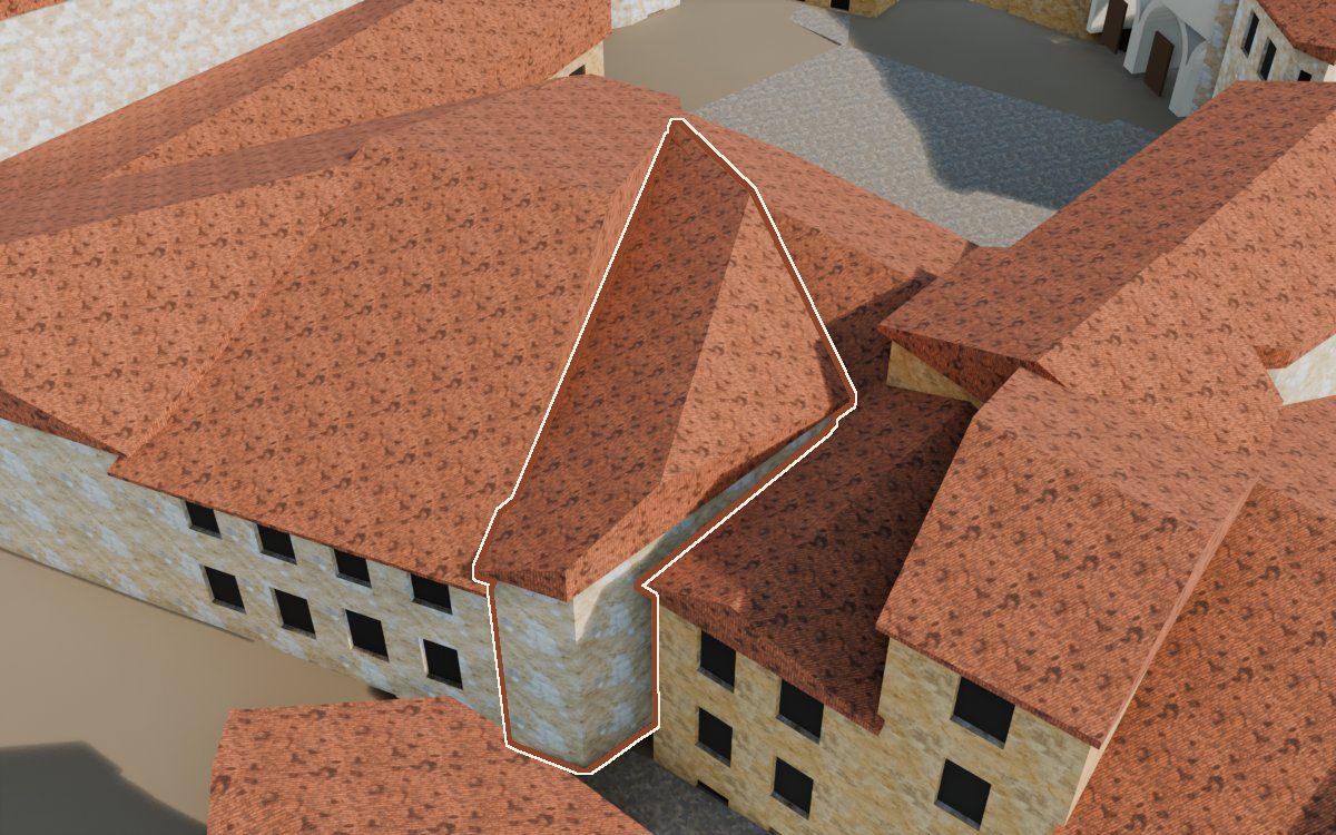 Casa cerca de la Plaça de Ca la Vila (Plaza del Ayuntamiento) en la reconstrucción 3D, vista desde el lado en que mejor se ve, con su contorno marcado en teja entre las casas de alrededor
