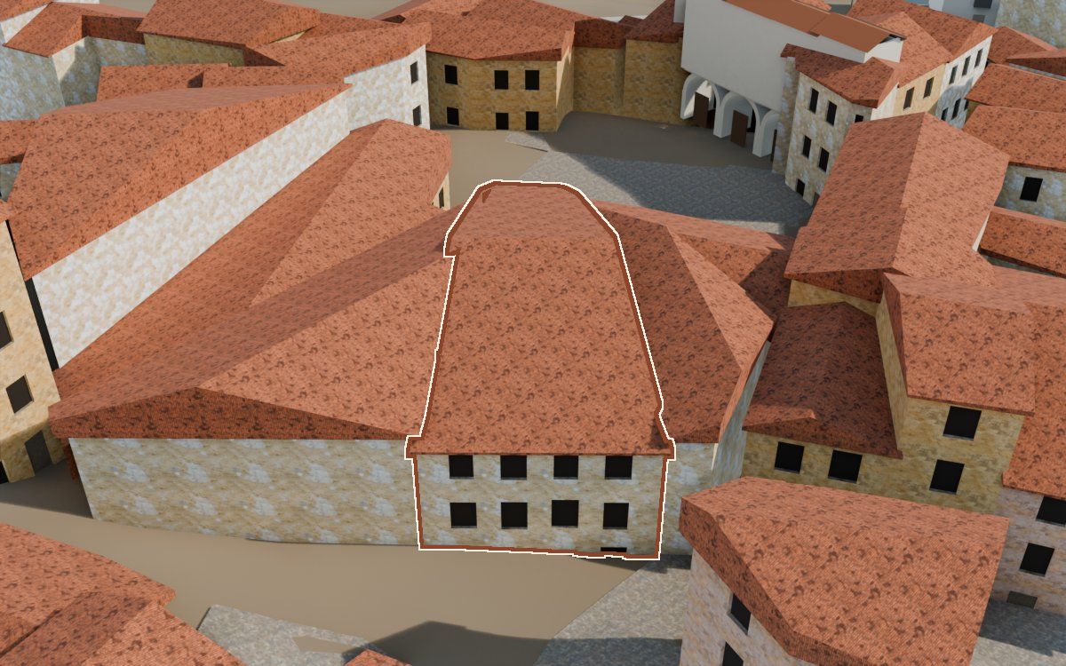Casa del Carrer de la Novilla (Calle de la Novilla) en la reconstrucción 3D, vista desde su calle, con su contorno marcado en teja entre las casas de alrededor