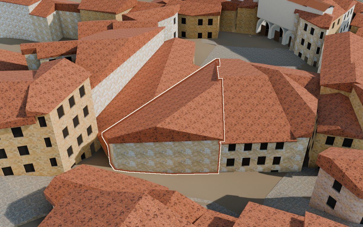 Casa cerca del Carrer Saragossa (Calle Zaragoza) en la reconstrucción 3D, vista desde su calle, con su contorno marcado en teja entre las casas de alrededor