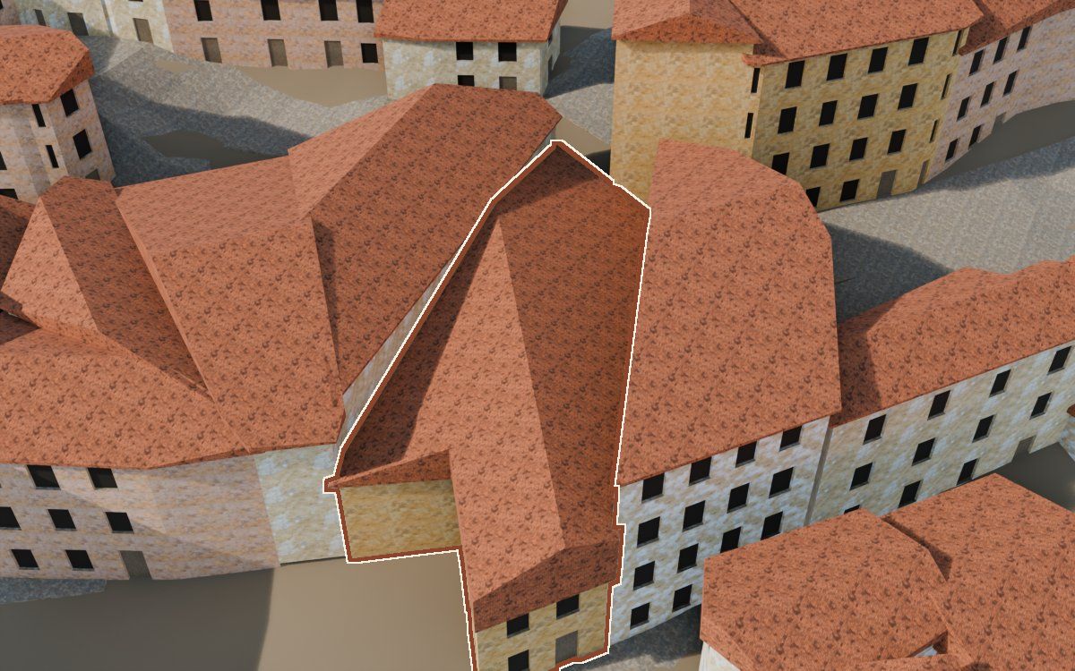 Casa del Carrer de la Puríssima (Calle de la Purísima) en la reconstrucción 3D, vista desde el lado en que mejor se ve, con su contorno marcado en teja entre las casas de alrededor