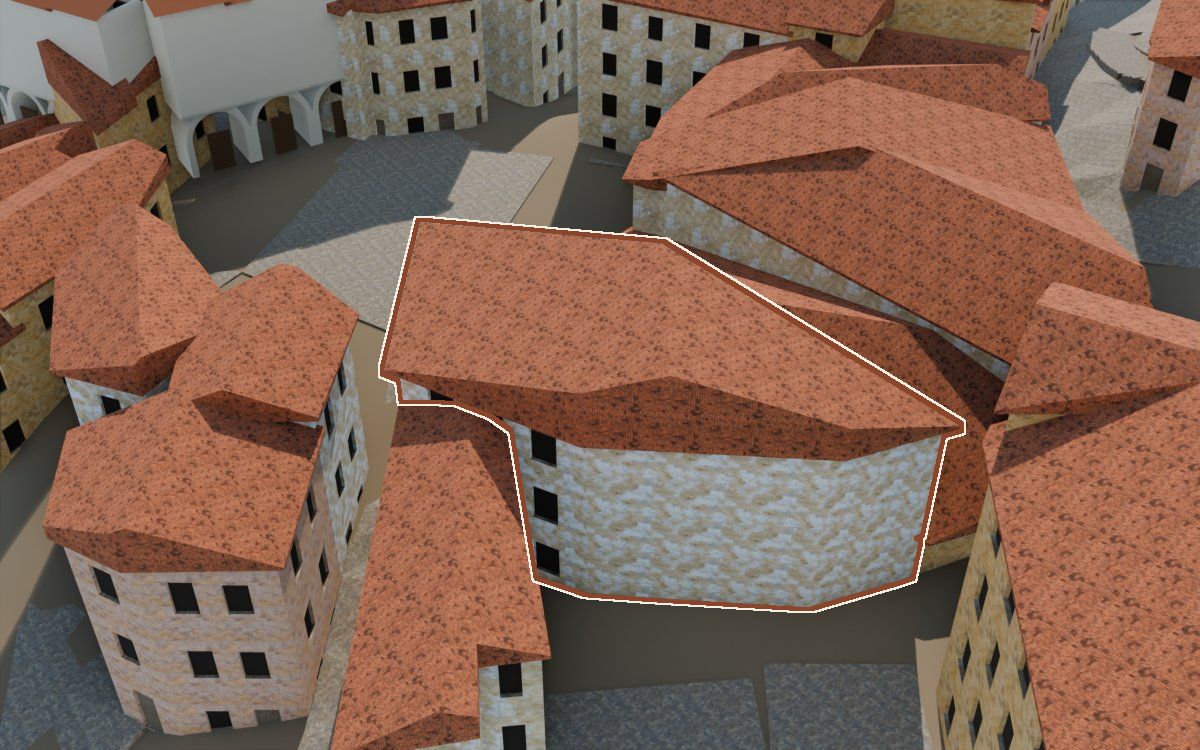 Casa del Carrer de la Puríssima (Calle de la Purísima) en la reconstrucción 3D, vista desde su calle, con su contorno marcado en teja entre las casas de alrededor