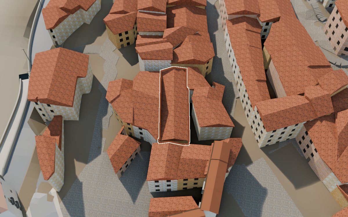 Casa de la Plaça de Ca la Vila (Plaza del Ayuntamiento) en la reconstrucción 3D, vista desde el lado en que mejor se ve, con su contorno marcado en teja entre las casas de alrededor