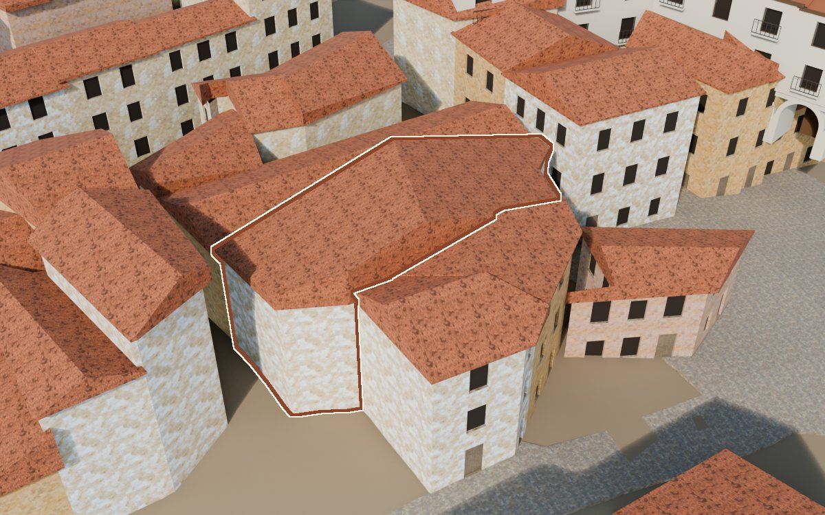 Casa del Carrer Barrinol (Calle Barrinol) en la reconstrucción 3D, vista desde su calle, con su contorno marcado en teja entre las casas de alrededor