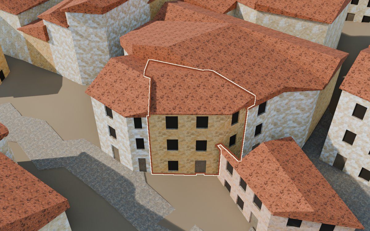 Casa del Carrer Barrinol (Calle Barrinol) en la reconstrucción 3D, vista desde el lado en que mejor se ve, con su contorno marcado en teja entre las casas de alrededor