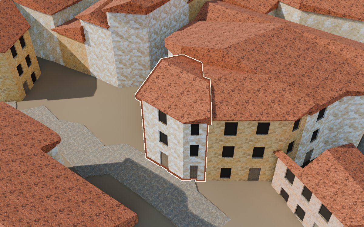 Casa del Carrer Barrinol (Calle Barrinol) en la reconstrucción 3D, vista desde el lado en que mejor se ve, con su contorno marcado en teja entre las casas de alrededor