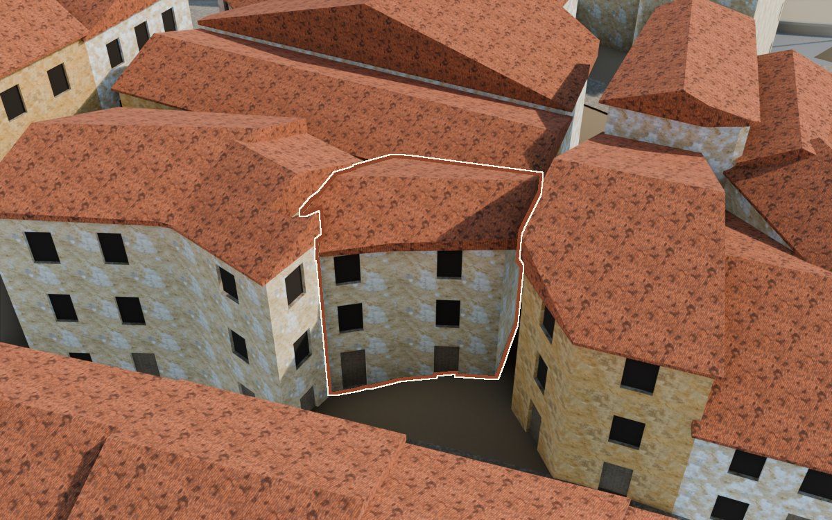 Casa del Carrer Major (Calle Mayor) en la reconstrucción 3D, vista desde su calle, con su contorno marcado en teja entre las casas de alrededor