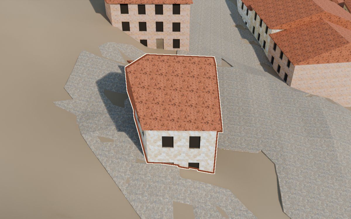 Casa cerca del Carrer Conejos (Calle Conejos) en la reconstrucción 3D, vista desde su calle, con su contorno marcado en teja entre las casas de alrededor